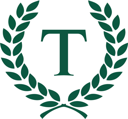 Green laurel wreath with letter "T" in the center.