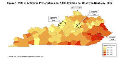 Rate of Antibiotic Prescriptions per 1,000 Children per County in KY, 2017