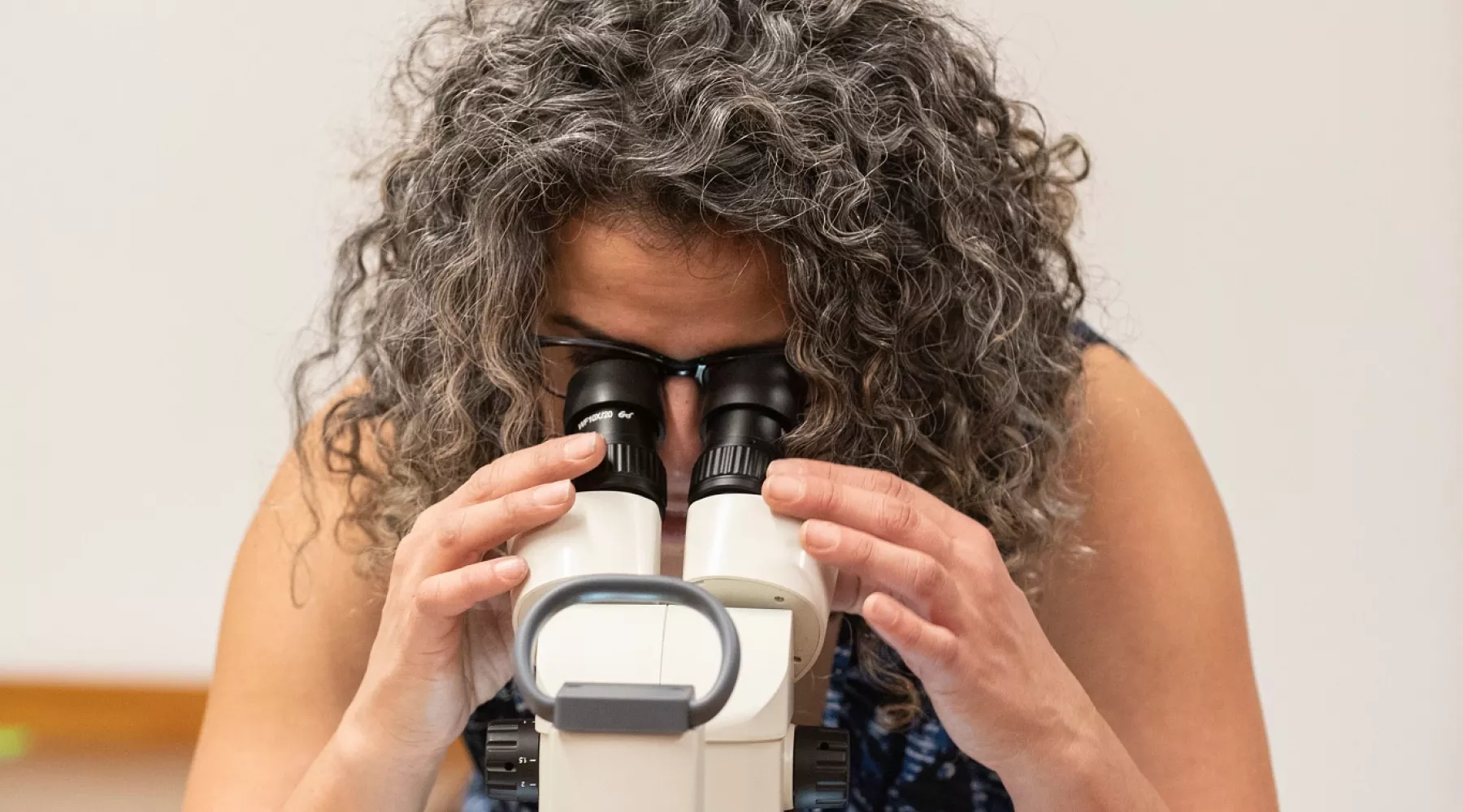 Professor examines an artifact closer under a microscope