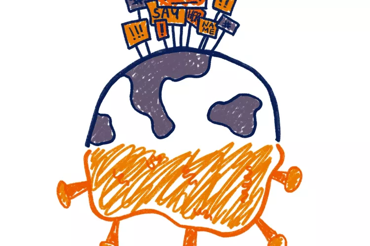 Illustration of a globe with the covid virus serving as its lower half and BLM flags on top