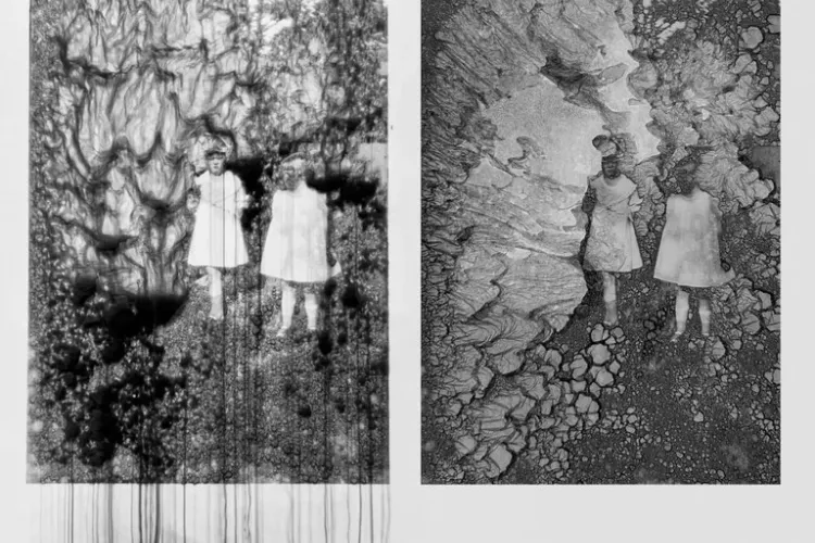 Two vertical panels showing black and white stills of two human figures in shapeless dresses on organic formations.