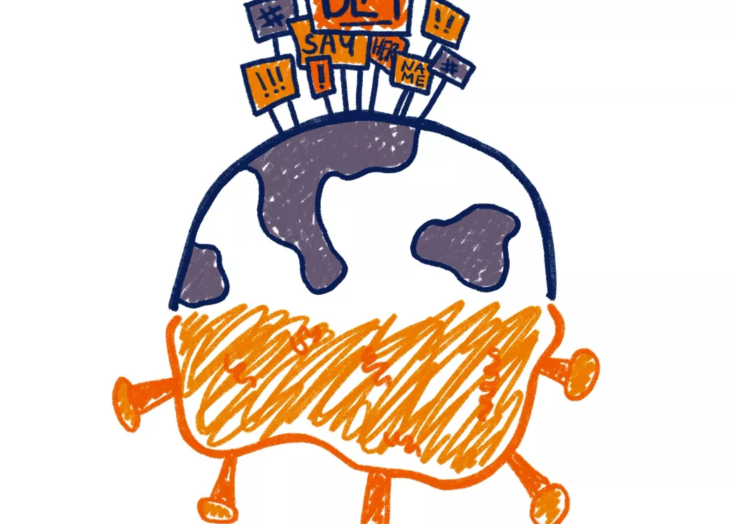 Illustration of a globe with the covid virus serving as its lower half and BLM flags on top