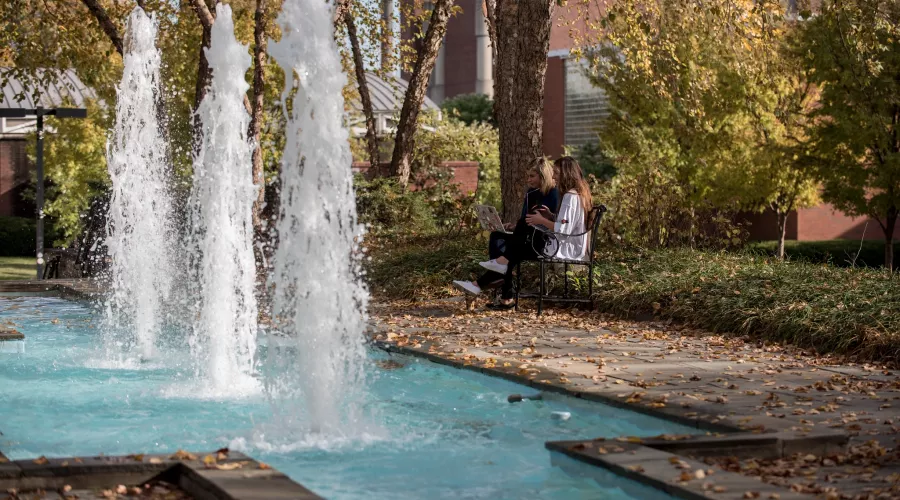 Students studying by the Schneider Hall fountain on a fall day