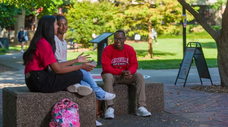 Students sitting and talking near the Ekstrom Library quad