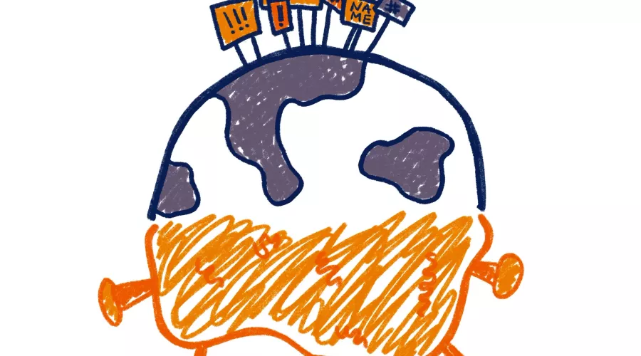Illustration of a globe with the covid virus serving as its lower half and BLM flags on top